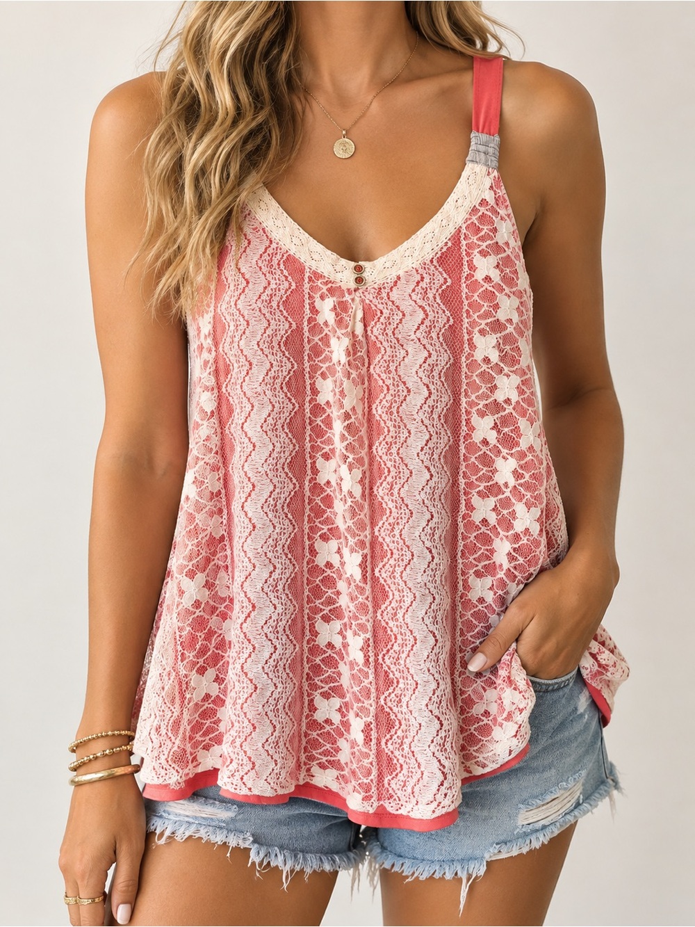 Maurices Coral Lace-Overlay V-Neck Tank